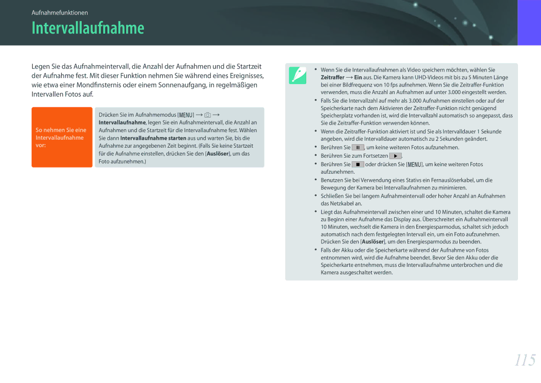 Samsung EV-NXF1ZZB2HCH, EV-NX1ZZZBMBDE Intervallaufnahme, 115, Sie die Zeitraffer-Funktion verwenden können, Berühren Sie 