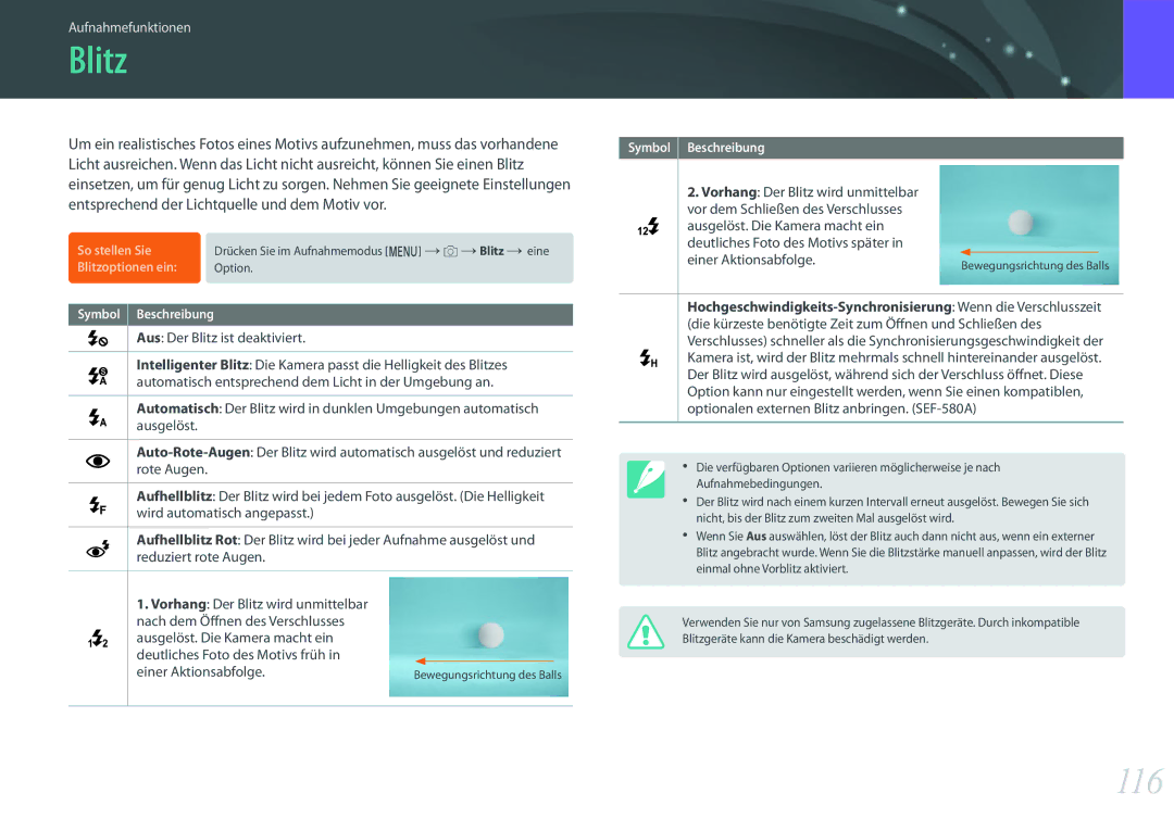 Samsung EV-NXF1ZZB1JDE, EV-NX1ZZZBMBDE, EV-NXF1ZZB2JDE manual 116, Aus Der Blitz ist deaktiviert, Einer Aktionsabfolge 