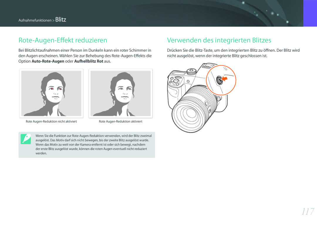 Samsung EV-NXF1ZZB1IDE, EV-NX1ZZZBMBDE manual 117, Rote-Augen-Effekt reduzieren, Verwenden des integrierten Blitzes 