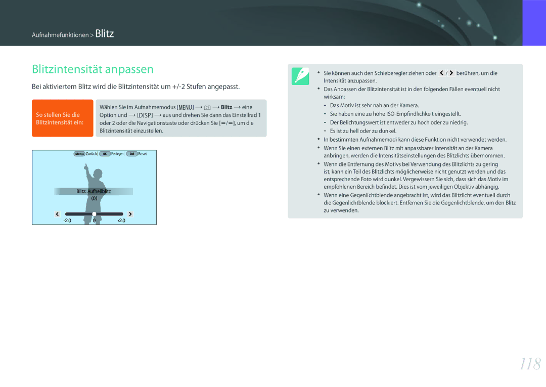Samsung EV-NXF1ZZBZQTR, EV-NX1ZZZBMBDE, EV-NXF1ZZB2JDE, EV-NXF1ZZB1HDE, EV-NXF1ZZB3JDE manual 118, Blitzintensität anpassen 
