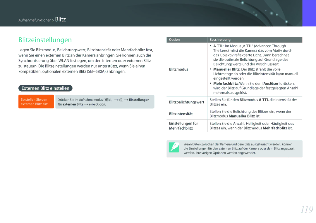 Samsung EV-NXF1ZZBZITR, EV-NX1ZZZBMBDE, EV-NXF1ZZB2JDE, EV-NXF1ZZB1HDE 119, Blitzeinstellungen, Externen Blitz einstellen 