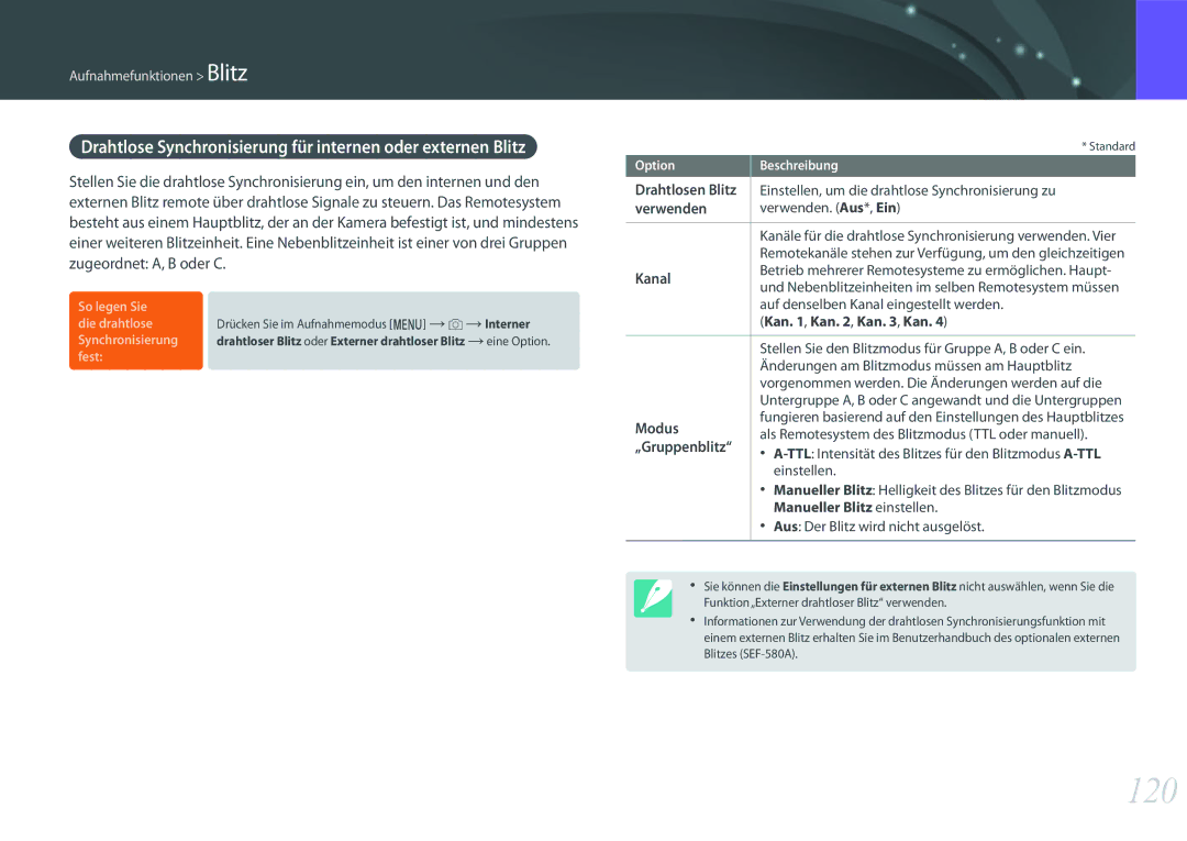 Samsung EV-NXF1ZZBZHTR manual 120, Drahtlose Synchronisierung für internen oder externen Blitz, Verwenden, Kanal, Modus 