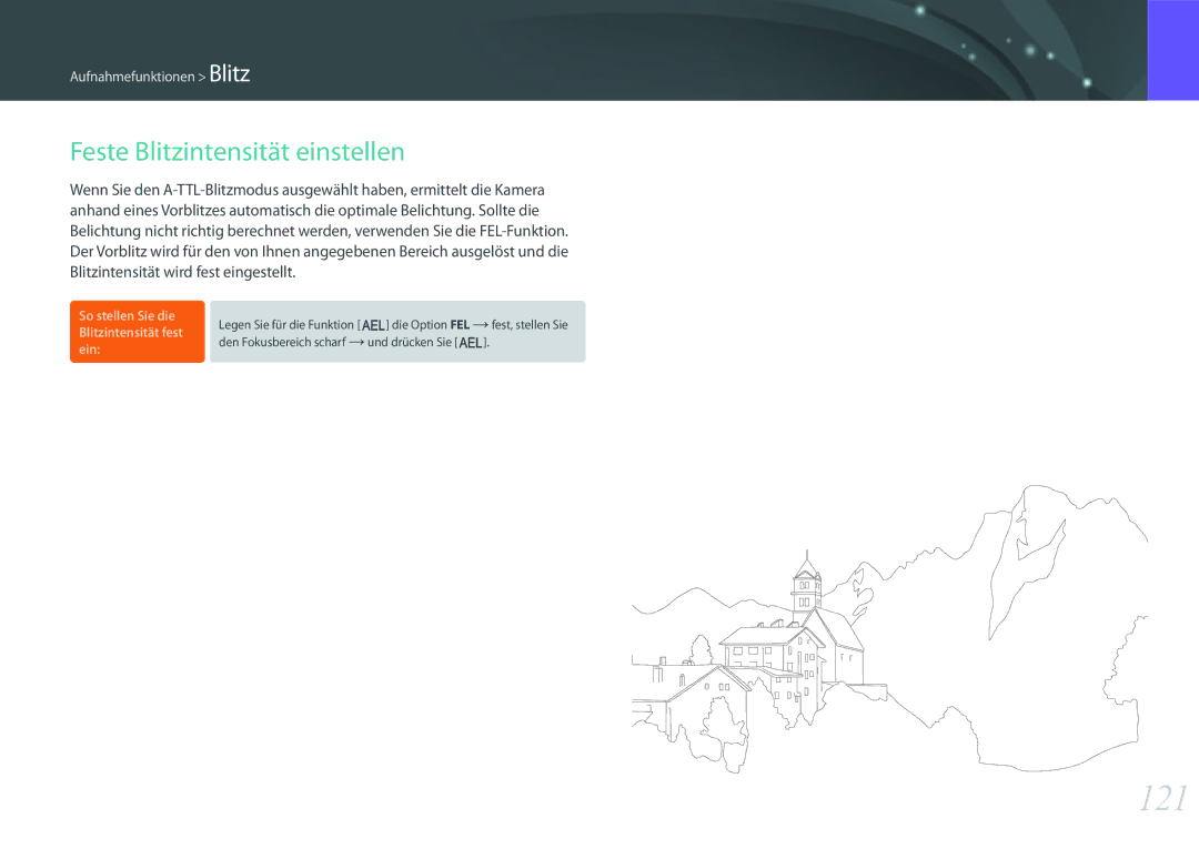 Samsung EV-NXF1ZZB3HDE, EV-NX1ZZZBMBDE, EV-NXF1ZZB2JDE, EV-NXF1ZZB1HDE, EV-NXF1ZZB3JDE 121, Feste Blitzintensität einstellen 