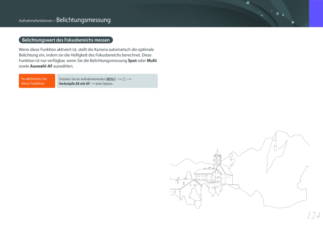 Samsung EV-NX1ZZZBMBDE, EV-NXF1ZZB2JDE, EV-NXF1ZZB1HDE, EV-NXF1ZZB3JDE manual 124, Belichtungswert des Fokusbereichs messen 