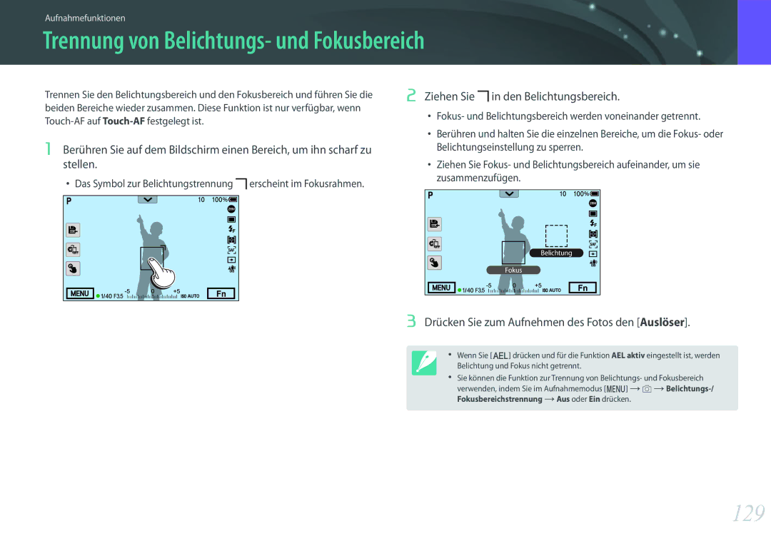 Samsung EV-NX1ZZZBQBDE, EV-NX1ZZZBMBDE, EV-NXF1ZZB2JDE manual Trennung von Belichtungs- und Fokusbereich, 129, Ziehen Sie 