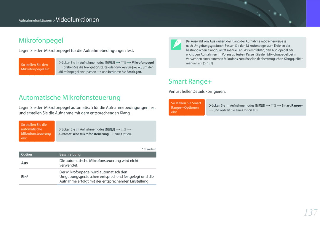 Samsung EV-NXF1ZZB4JDE, EV-NX1ZZZBMBDE, EV-NXF1ZZB2JDE 137, Mikrofonpegel, Automatische Mikrofonsteuerung, Smart Range+ 