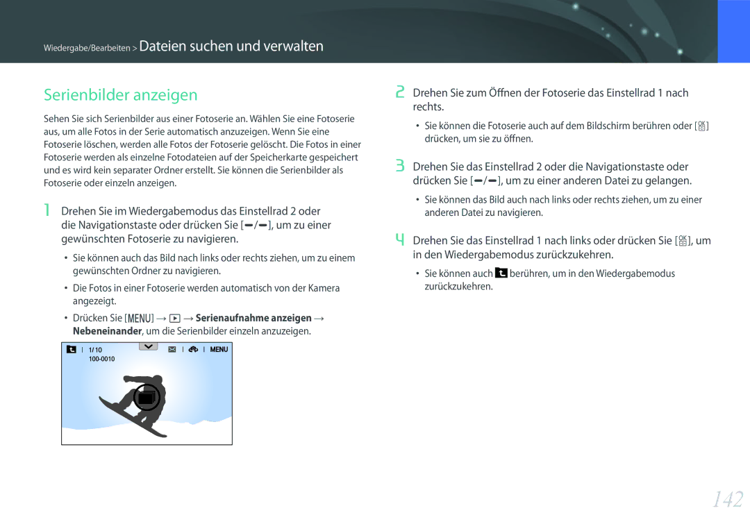 Samsung EV-NXF1ZZB1IDE, EV-NX1ZZZBMBDE, EV-NXF1ZZB2JDE, EV-NXF1ZZB1HDE, EV-NXF1ZZB3JDE manual 142, Serienbilder anzeigen 