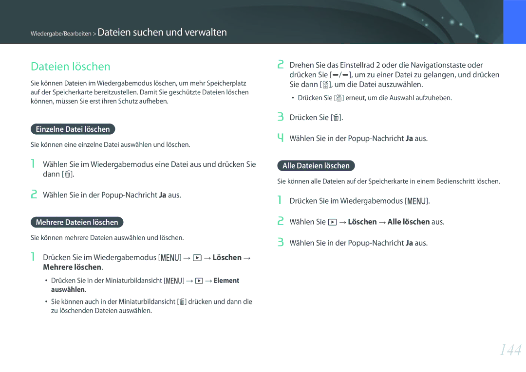 Samsung EV-NXF1ZZBZITR, EV-NX1ZZZBMBDE, EV-NXF1ZZB2JDE, EV-NXF1ZZB1HDE 144, Einzelne Datei löschen, Alle Dateien löschen 