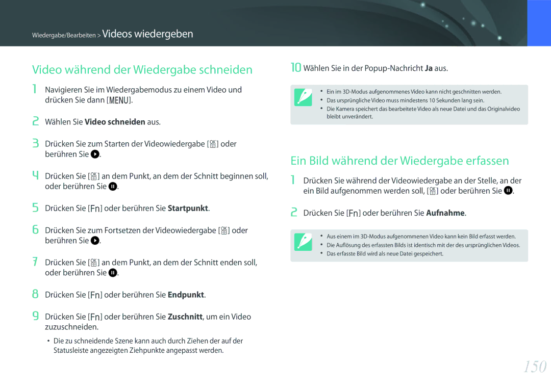 Samsung EV-NXF1ZZB2JDE manual 150, Video während der Wiedergabe schneiden, Ein Bild während der Wiedergabe erfassen 