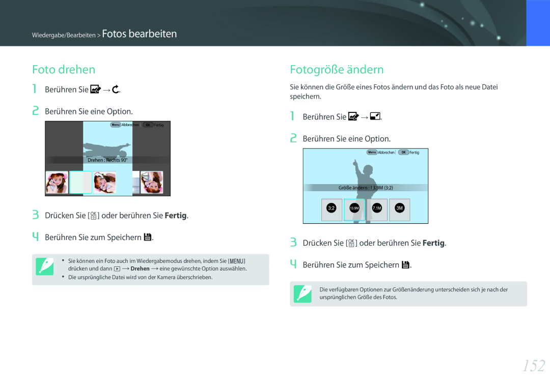 Samsung EV-NXF1ZZB3JDE manual 152, Foto drehen, Fotogröße ändern, Die ursprüngliche Datei wird von der Kamera überschrieben 