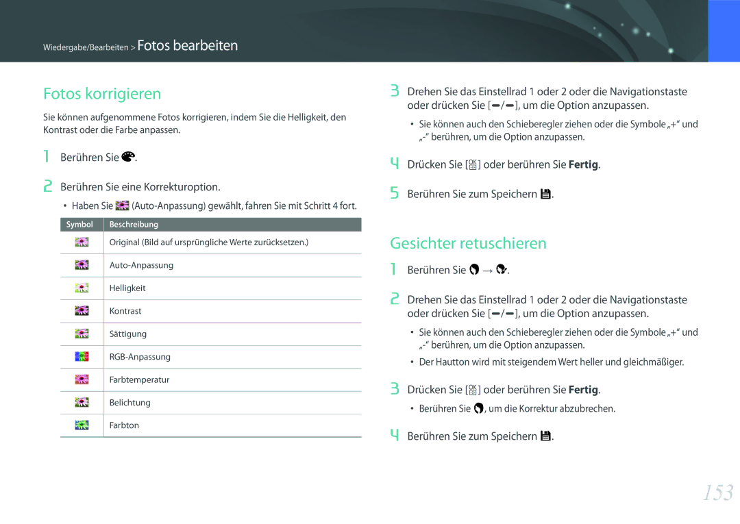 Samsung EV-NXF1ZZB4HDE, EV-NX1ZZZBMBDE manual 153, Berühren Sie →, Oder drücken Sie e/e, um die Option anzupassen 