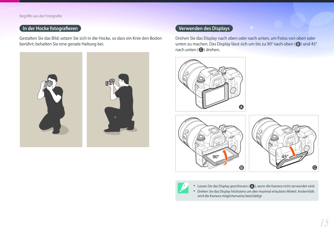 Samsung EV-NXF1ZZB2HCH, EV-NX1ZZZBMBDE, EV-NXF1ZZB2JDE, EV-NXF1ZZB1HDE manual Der Hocke fotografieren, Verwenden des Displays 