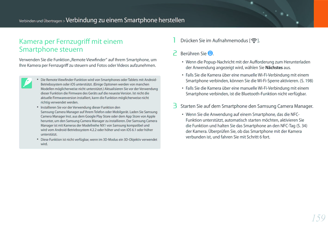 Samsung EV-NXF1ZZB1QDE, EV-NX1ZZZBMBDE, EV-NXF1ZZB2JDE manual 159, Kamera per Fernzugriff mit einem Smartphone steuern 