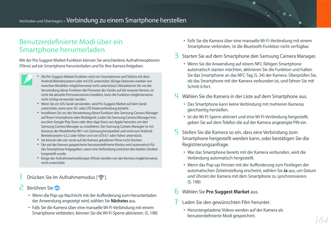 Samsung EV-NXF1ZZB2KDE, EV-NX1ZZZBMBDE, EV-NXF1ZZB2JDE manual 164, Benutzerdefinierte Modi über ein Smartphone herunterladen 