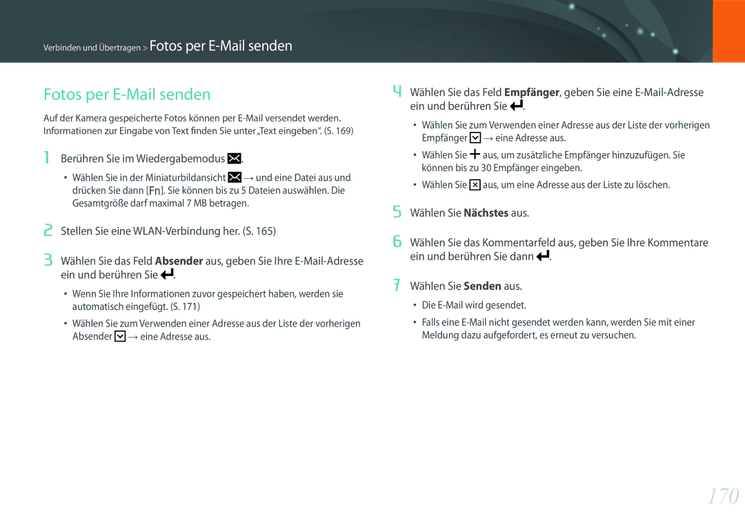 Samsung EV-NXF1ZZBZHTR, EV-NX1ZZZBMBDE, EV-NXF1ZZB2JDE, EV-NXF1ZZB1HDE, EV-NXF1ZZB3JDE manual 170, Fotos per E-Mail senden 