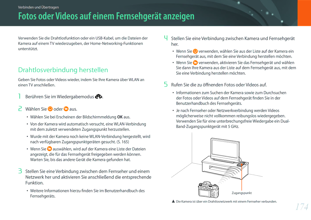 Samsung EV-NX1ZZZBMBDE manual Fotos oder Videos auf einem Fernsehgerät anzeigen, 174, Drahtlosverbindung herstellen 