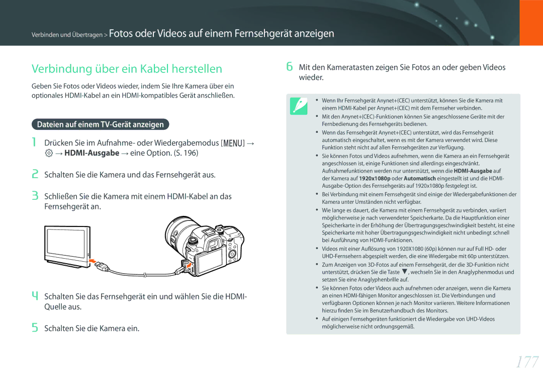 Samsung EV-NXF1ZZB3JDE, EV-NX1ZZZBMBDE manual 177, Verbindung über ein Kabel herstellen, Dateien auf einem TV-Gerät anzeigen 