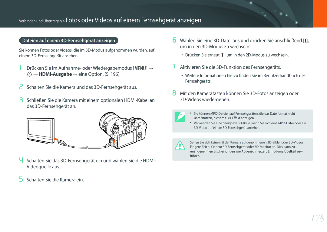 Samsung EV-NXF1ZZB4HDE, EV-NX1ZZZBMBDE, EV-NXF1ZZB2JDE, EV-NXF1ZZB1HDE manual 178, Dateien auf einem 3D-Fernsehgerät anzeigen 