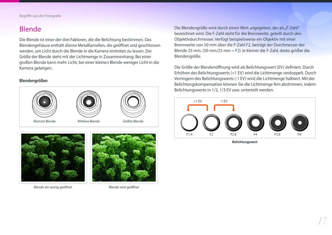 Samsung EV-NXF1ZZB1IDE Kleinste Blende Mittlere Blende Größte Blende, +1 EV F1.4 F2.8 F5.6, Blende ein wenig geöffnet 