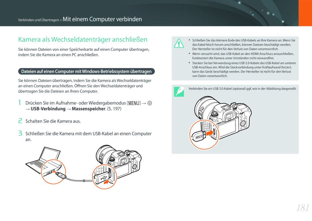 Samsung EV-NXF1ZZBZKTR, EV-NX1ZZZBMBDE manual 181, Kamera als Wechseldatenträger anschließen, Schalten Sie die Kamera aus 