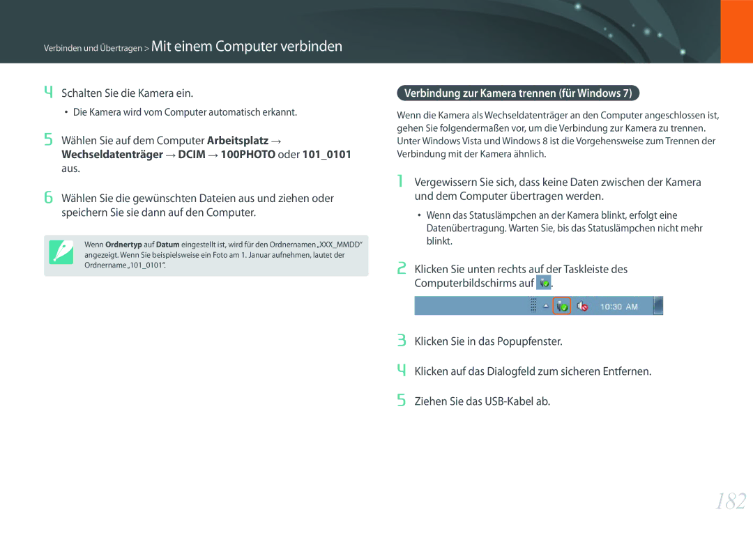 Samsung EV-NXF1ZZB2QDE manual 182, Wechseldatenträger Dcim 100PHOTO oder, Verbindung zur Kamera trennen für Windows 