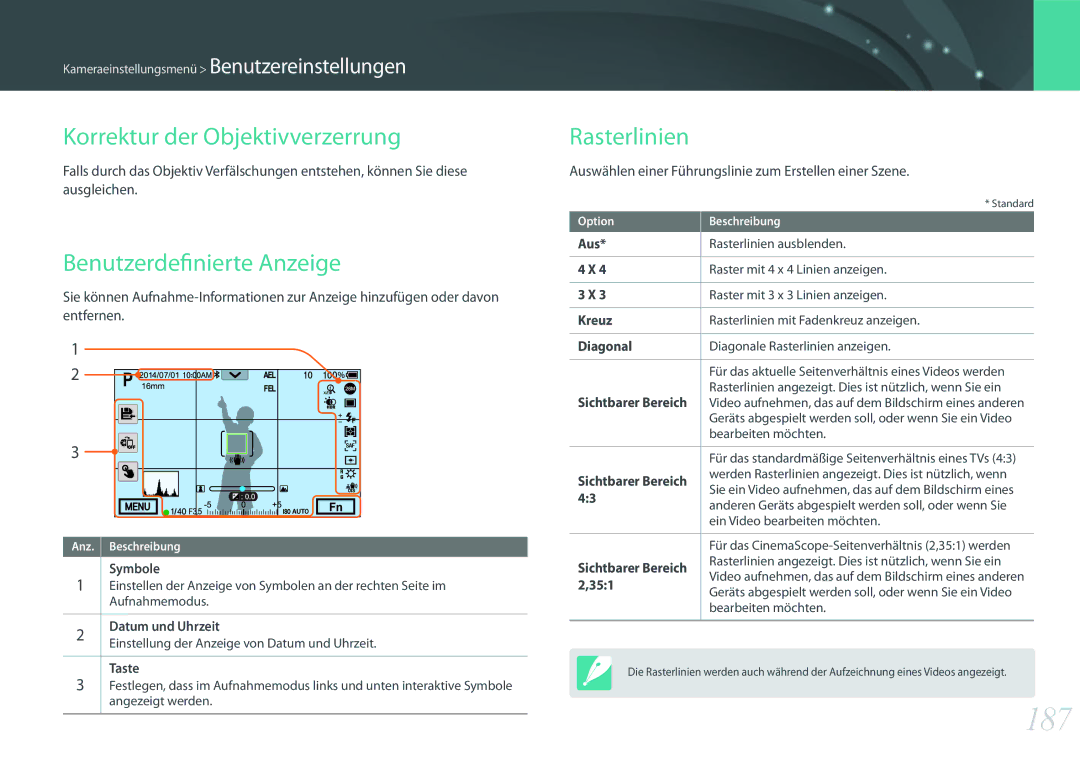 Samsung EV-NXF1ZZB4JDE, EV-NX1ZZZBMBDE 187, Korrektur der Objektivverzerrung, Benutzerdefinierte Anzeige, Rasterlinien 