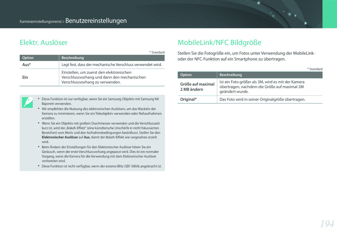 Samsung EV-NXF1ZZBZITR, EV-NX1ZZZBMBDE, EV-NXF1ZZB2JDE 194, Elektr. Auslöser, MobileLink/NFC Bildgröße, Aus Ein, MB ändern 