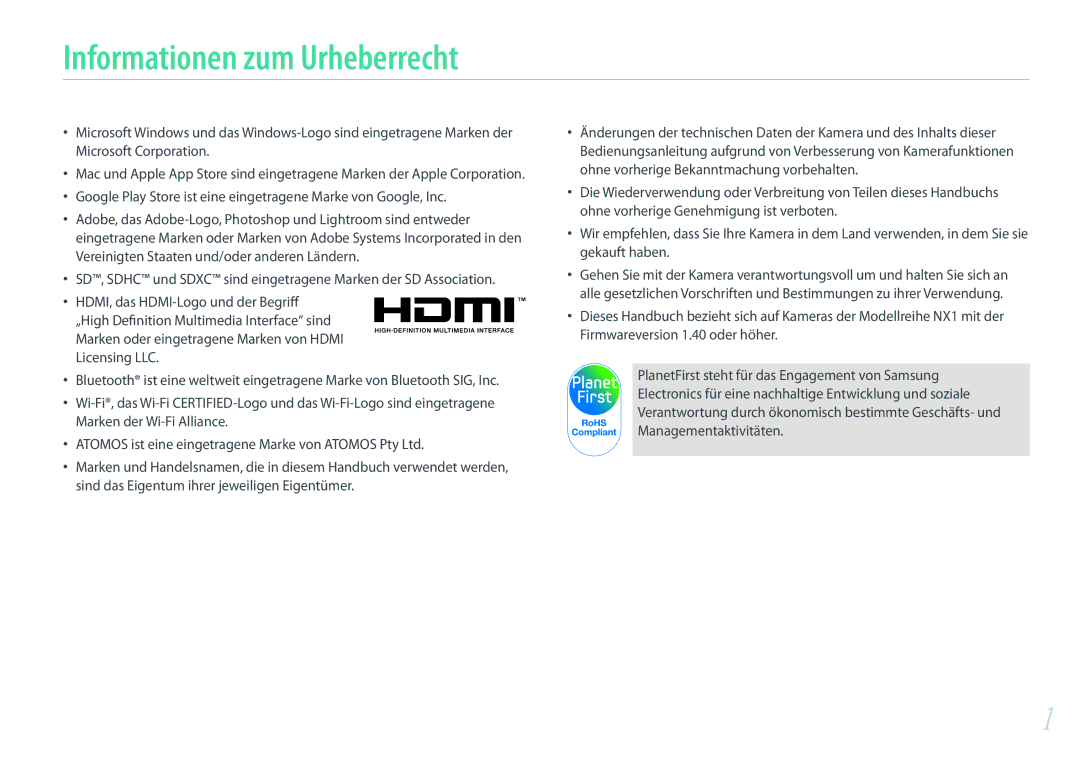 Samsung EV-NXF1ZZB1HDE, EV-NX1ZZZBMBDE, EV-NXF1ZZB2JDE, EV-NXF1ZZB3JDE, EV-NXF1ZZB4HDE manual Informationen zum Urheberrecht 