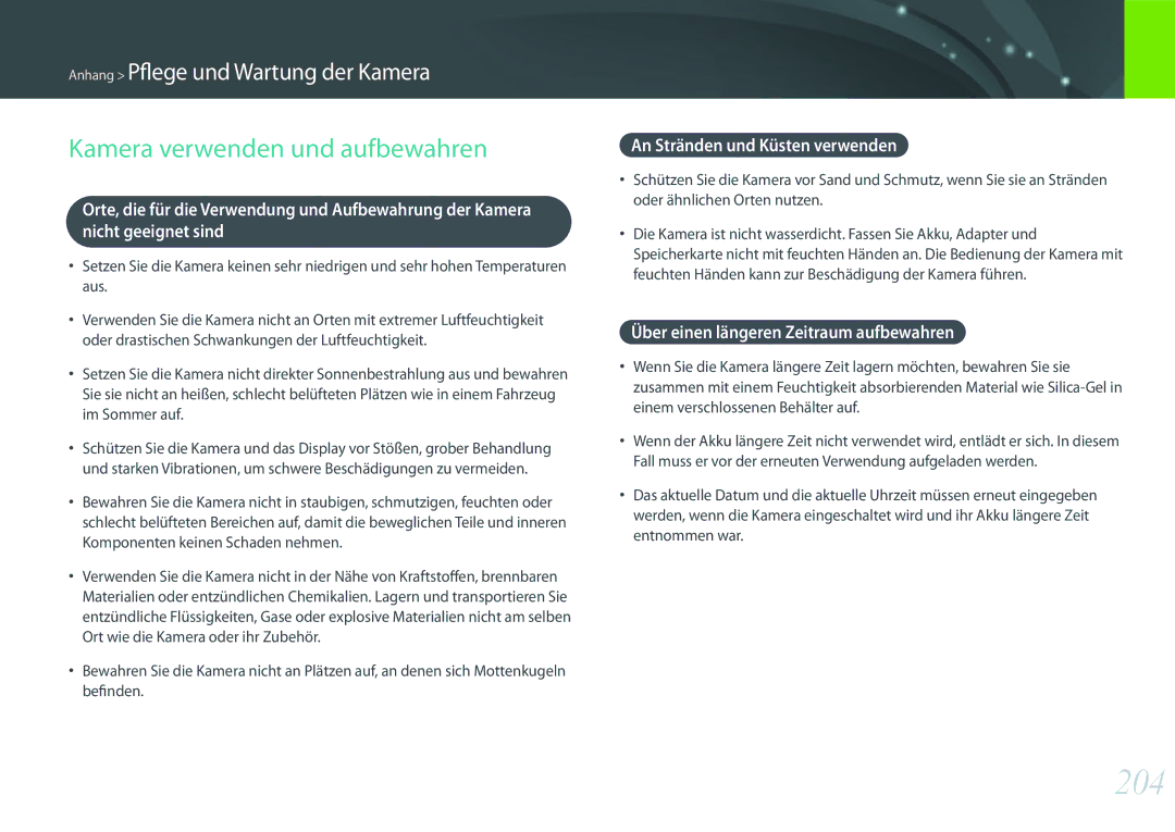 Samsung EV-NX1ZZZBQBDE, EV-NX1ZZZBMBDE manual 204, Kamera verwenden und aufbewahren, An Stränden und Küsten verwenden 