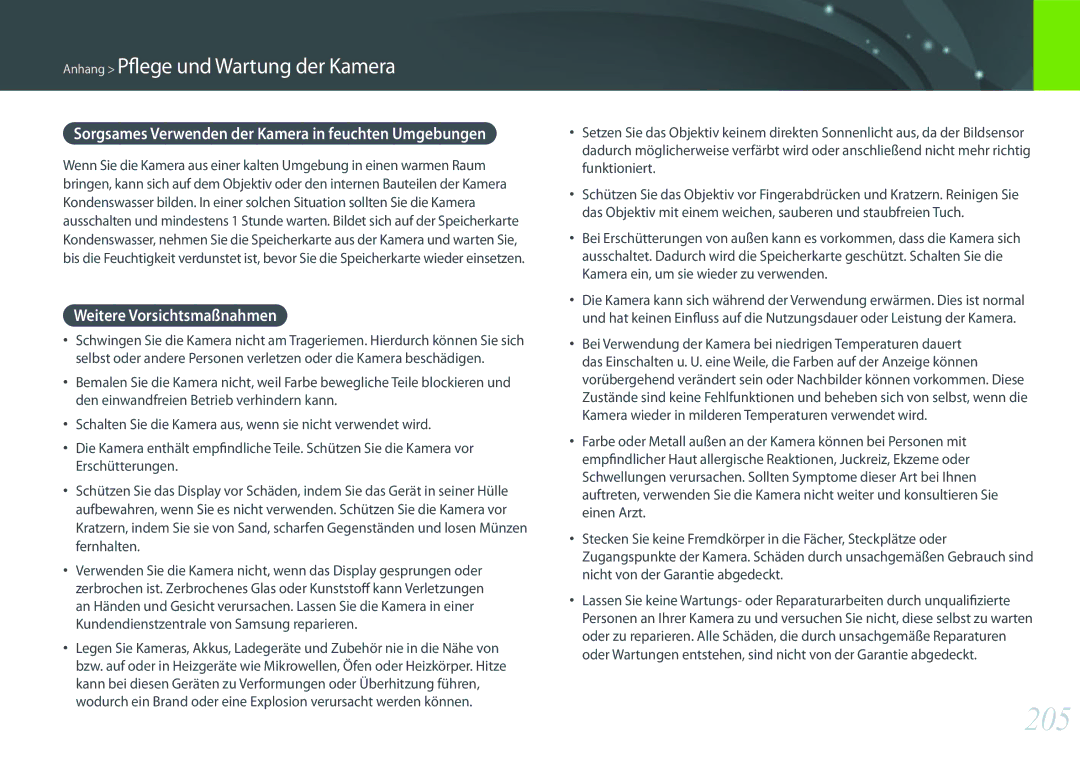 Samsung EV-NX1ZZZBZBTR manual 205, Sorgsames Verwenden der Kamera in feuchten Umgebungen, Weitere Vorsichtsmaßnahmen 