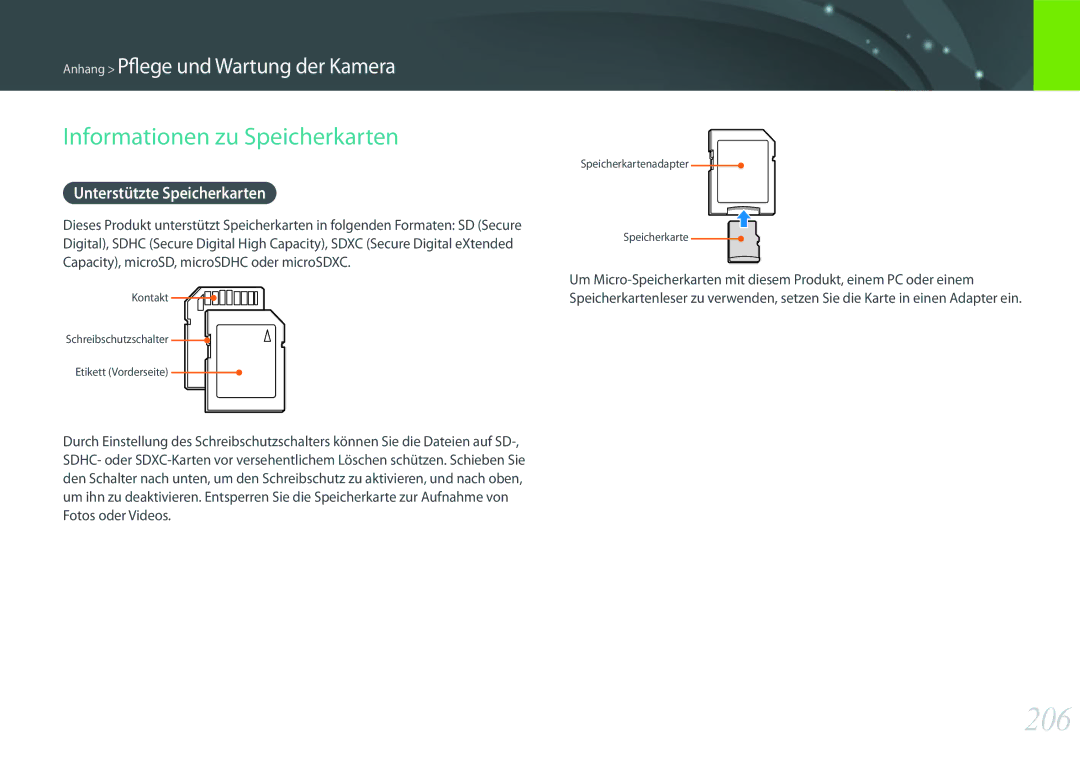 Samsung EV-NXF1ZZBZKTR, EV-NX1ZZZBMBDE, EV-NXF1ZZB2JDE 206, Informationen zu Speicherkarten, Unterstützte Speicherkarten 