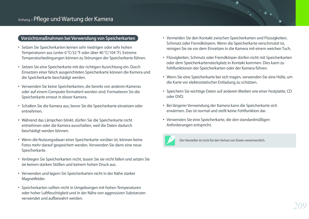 Samsung EV-NXF1ZZB1QDE, EV-NX1ZZZBMBDE, EV-NXF1ZZB2JDE manual 209, Vorsichtsmaßnahmen bei Verwendung von Speicherkarten 