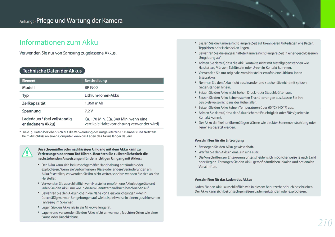 Samsung EV-NXF1ZZB1KDE, EV-NX1ZZZBMBDE, EV-NXF1ZZB2JDE manual 210, Informationen zum Akku, Technische Daten der Akkus 