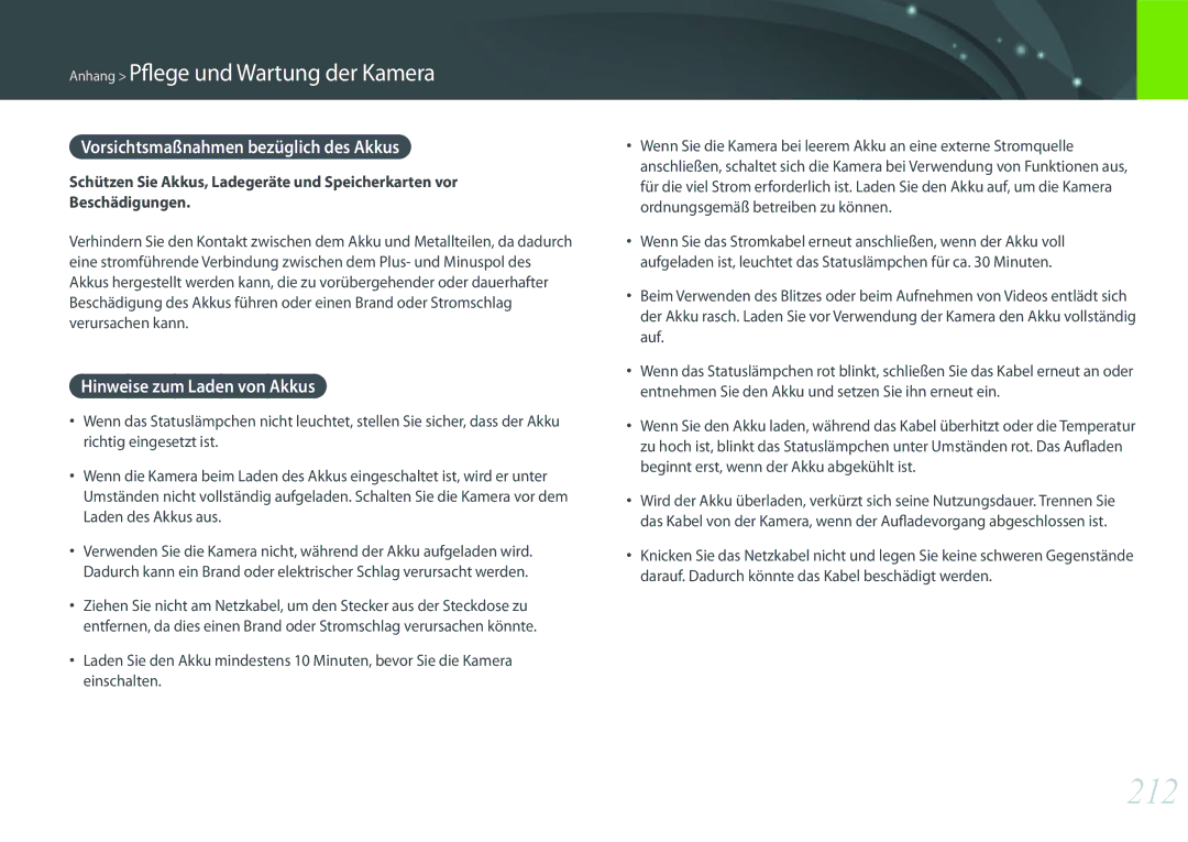 Samsung EV-NXF1ZZB4JDE, EV-NX1ZZZBMBDE manual 212, Vorsichtsmaßnahmen bezüglich des Akkus, Hinweise zum Laden von Akkus 