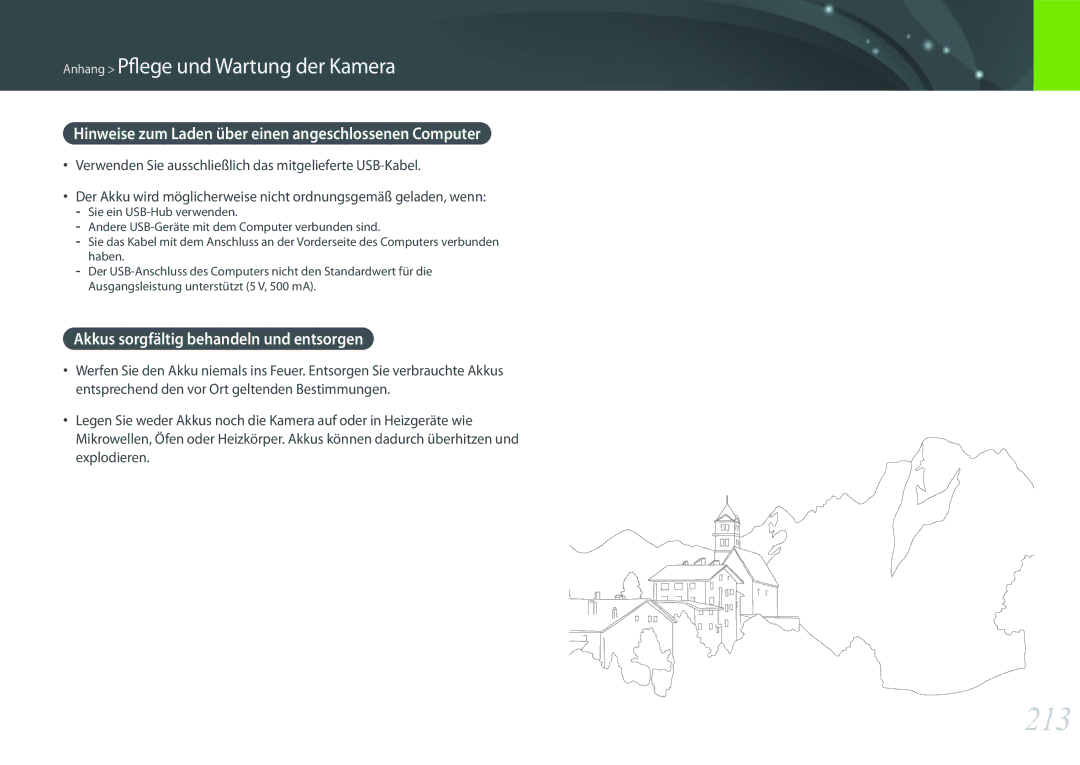 Samsung EV-NX1ZZZBZBDE, EV-NX1ZZZBMBDE, EV-NXF1ZZB2JDE manual 213, Hinweise zum Laden über einen angeschlossenen Computer 
