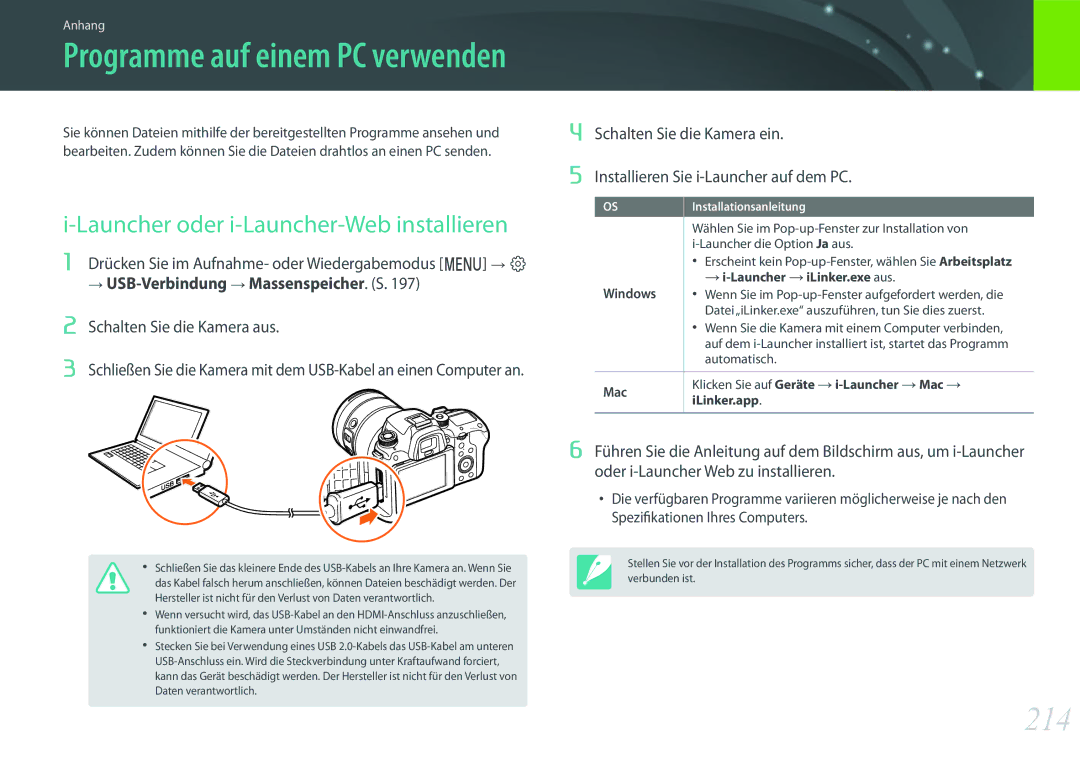 Samsung EV-NXF1ZZB2KDE, EV-NX1ZZZBMBDE, EV-NXF1ZZB2JDE manual 214, Launcher oder i-Launcher-Web installieren, Windows, Mac 