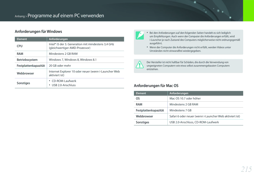 Samsung EV-NXF1ZZB2HCH, EV-NX1ZZZBMBDE, EV-NXF1ZZB2JDE manual 215, Anforderungen für Windows, Anforderungen für Mac OS 