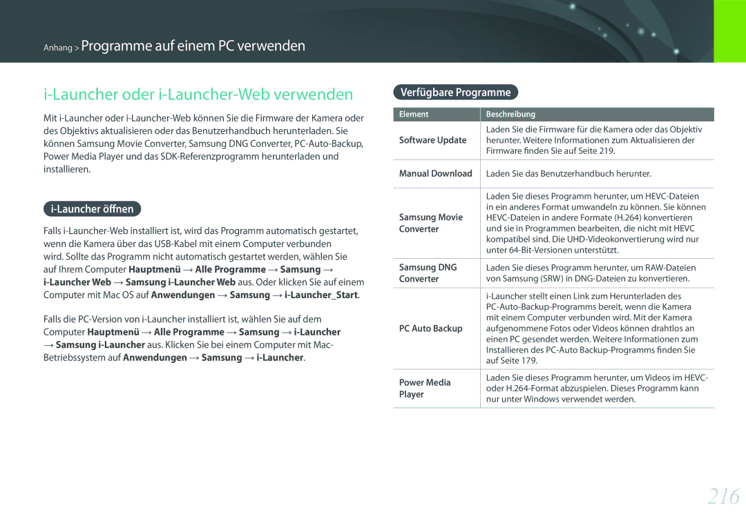 Samsung EV-NXF1ZZB1JDE, EV-NX1ZZZBMBDE 216, Launcher oder i-Launcher-Web verwenden, Launcher öffnen, Verfügbare Programme 