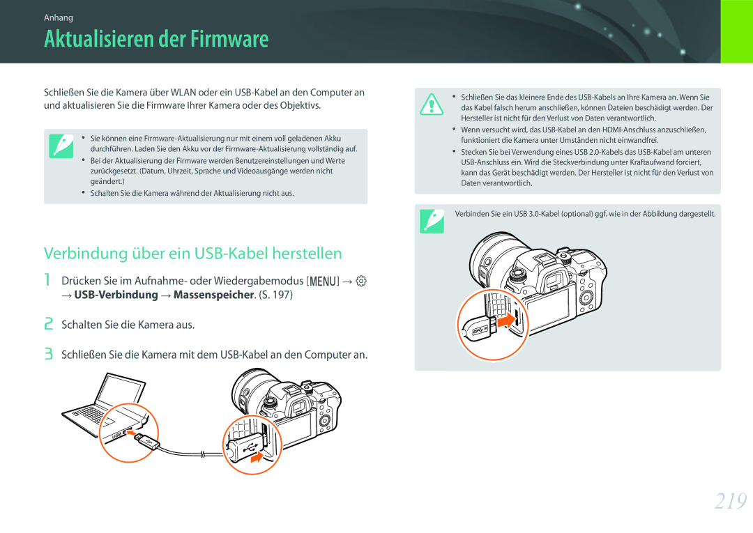 Samsung EV-NXF1ZZBZITR, EV-NX1ZZZBMBDE manual Aktualisieren der Firmware, 219, Verbindung über ein USB-Kabel herstellen 