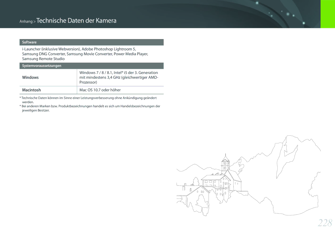 Samsung EV-NXF1ZZB4HDE, EV-NX1ZZZBMBDE manual 228, Macintosh, Prozessor, Windows 7 / 8 / 8.1, Intel i5 der 3. Generation 