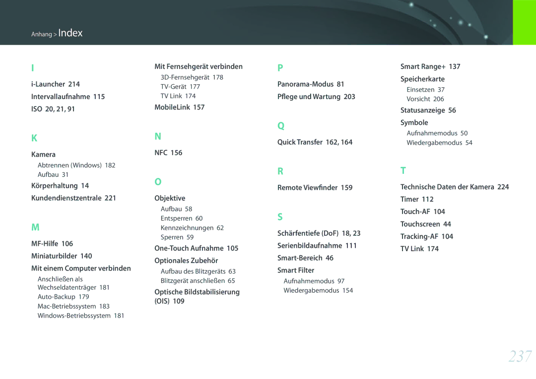 Samsung EV-NXF1ZZB4JDE manual 237, Körperhaltung 14 Kundendienstzentrale, Aufbau des Blitzgeräts 63 Blitzgerät anschließen 