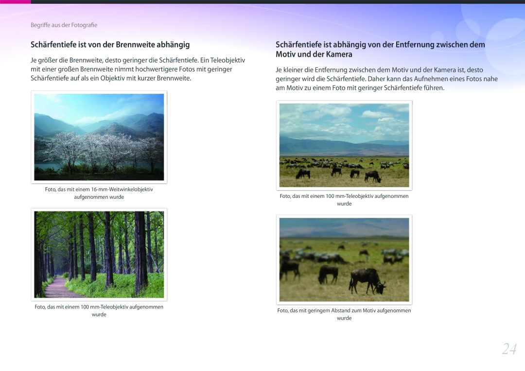 Samsung EV-NX1ZZZBMBDE, EV-NXF1ZZB2JDE, EV-NXF1ZZB1HDE, EV-NXF1ZZB3JDE manual Schärfentiefe ist von der Brennweite abhängig 