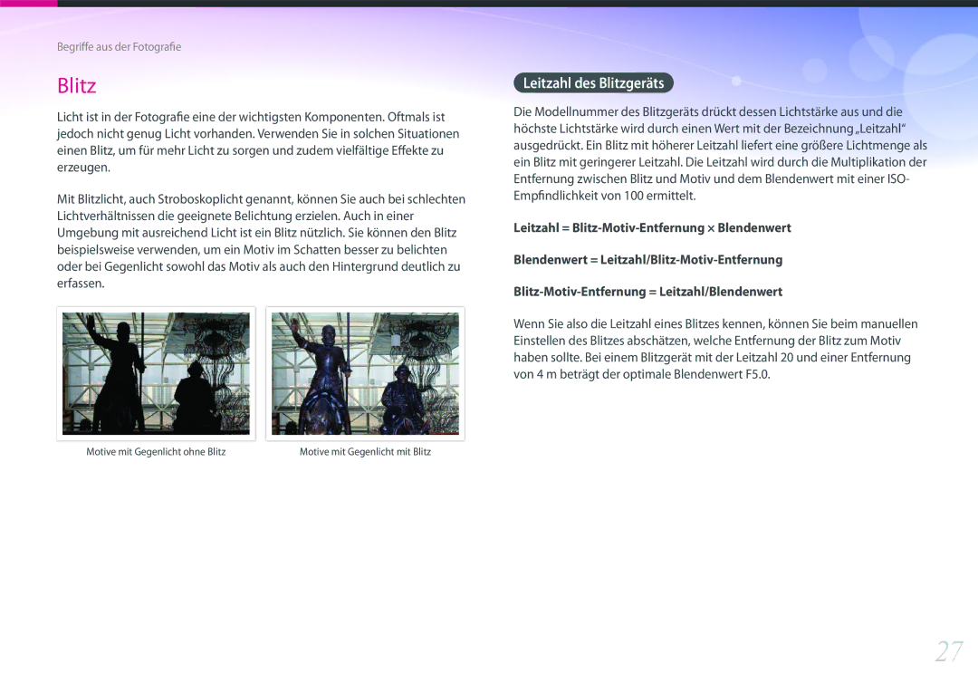 Samsung EV-NXF1ZZB3JDE, EV-NX1ZZZBMBDE, EV-NXF1ZZB2JDE manual Leitzahl des Blitzgeräts, Motive mit Gegenlicht ohne Blitz 