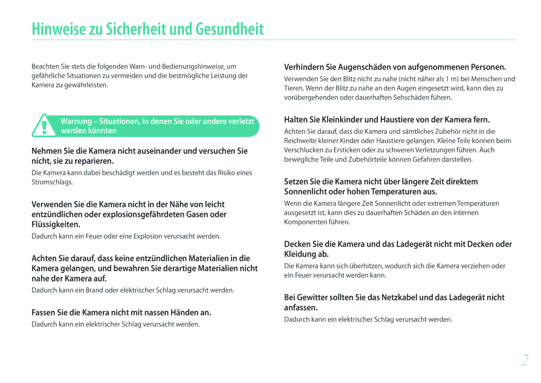 Samsung EV-NXF1ZZB3JDE manual Hinweise zu Sicherheit und Gesundheit, Fassen Sie die Kamera nicht mit nassen Händen an 