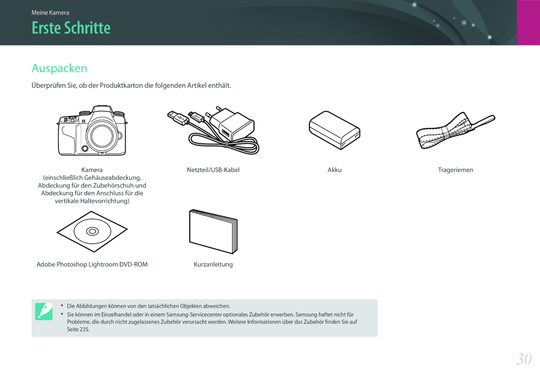 Samsung EV-NX1ZZZBZBTR Erste Schritte, Auspacken, Netzteil/USB-Kabel Akku, Adobe Photoshop Lightroom DVD-ROM, Trageriemen 