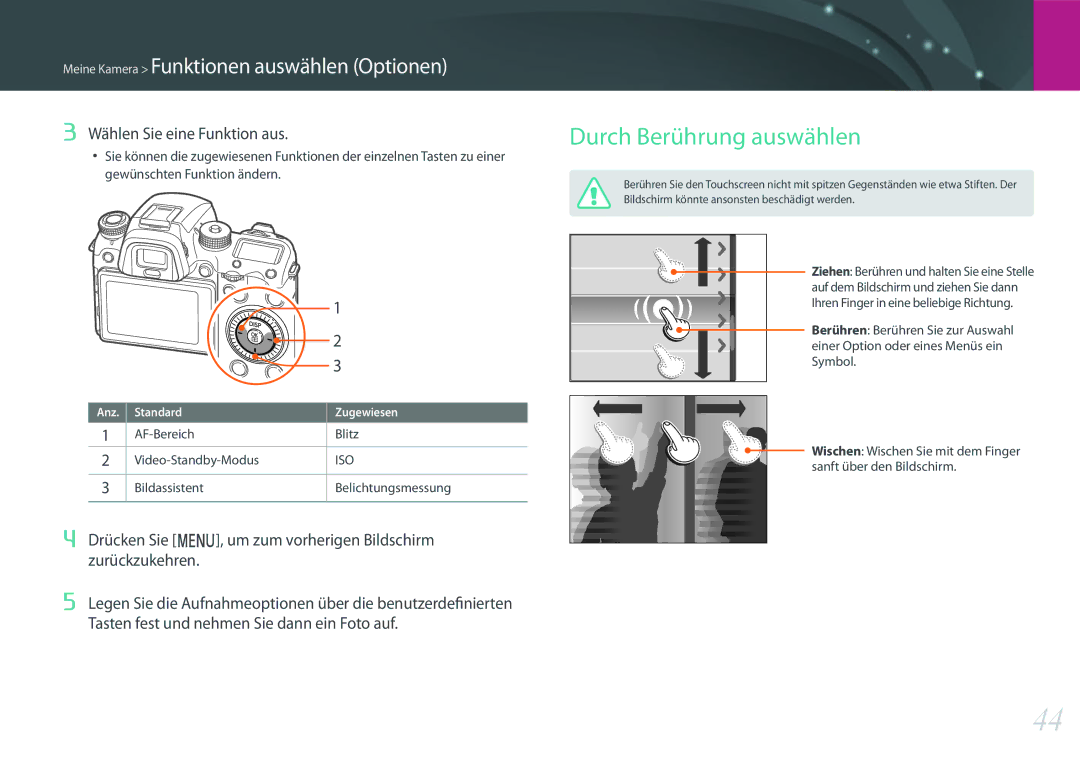 Samsung EV-NXF1ZZBZITR, EV-NX1ZZZBMBDE manual Durch Berührung auswählen, Wählen Sie eine Funktion aus, Zurückzukehren 