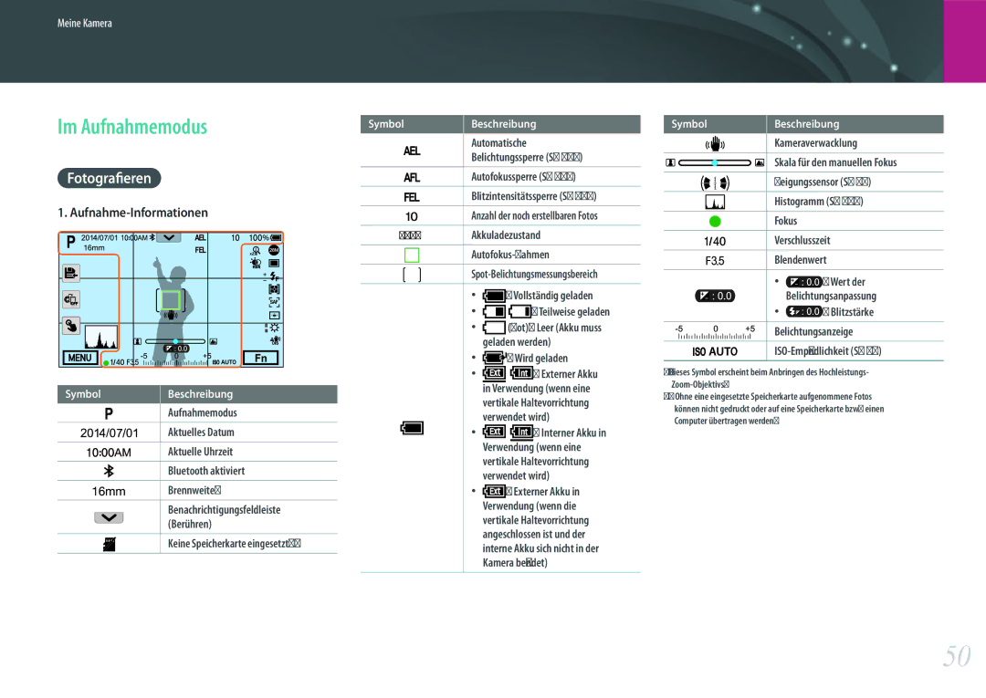 Samsung EV-NXF1ZZB2JDE, EV-NX1ZZZBMBDE, EV-NXF1ZZB1HDE, EV-NXF1ZZB3JDE manual Displaysymbole, Im Aufnahmemodus, Fotografieren 