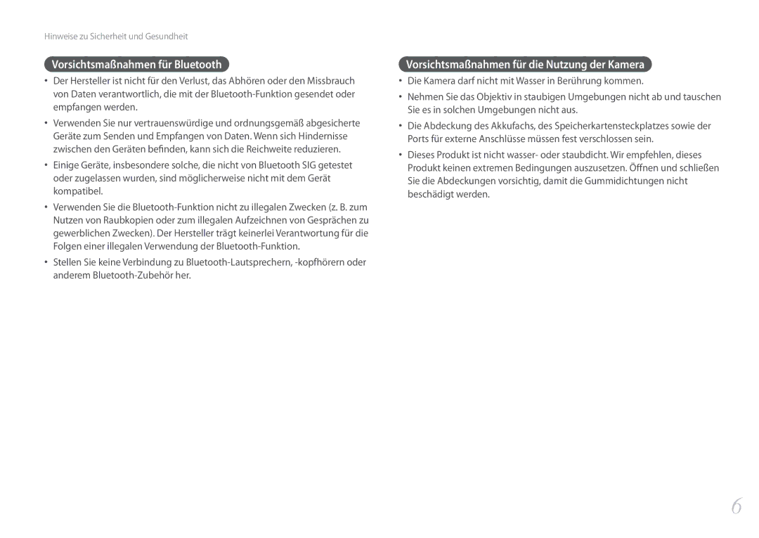 Samsung EV-NXF1ZZBZKTR, EV-NX1ZZZBMBDE Vorsichtsmaßnahmen für Bluetooth, Vorsichtsmaßnahmen für die Nutzung der Kamera 