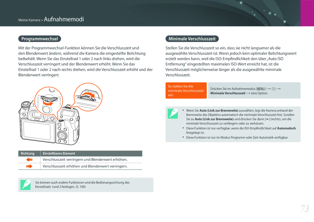 Samsung EV-NXF1ZZB2HFR manual Programmwechsel, Minimale Verschlusszeit, Drücken Sie im Aufnahmemodus m, Eine Option 