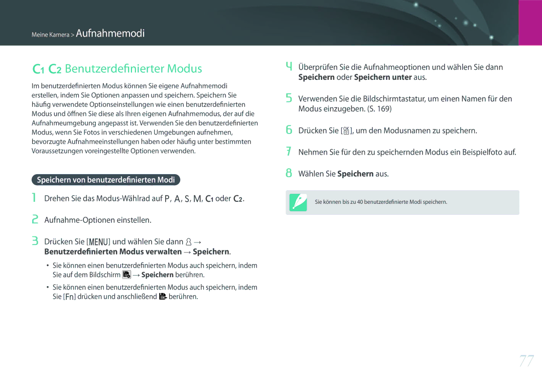 Samsung EV-NXF1ZZB3JDE, EV-NX1ZZZBMBDE, EV-NXF1ZZB2JDE Benutzerdefinierter Modus, Speichern von benutzerdefinierten Modi 